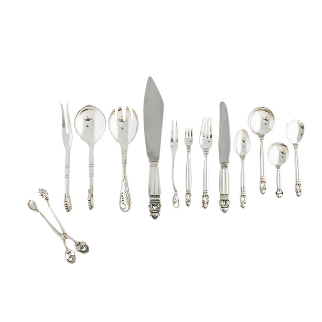 Johan Rohde, ‘73-Piece Assembled Sterling Flatware Set, Acorn Six-Piece Setting For Twelve (Missing Six) And Six Serving Pieces In Acorn And Blossom-Style Patterns, Denmark’, After 1945, Rago/Wright