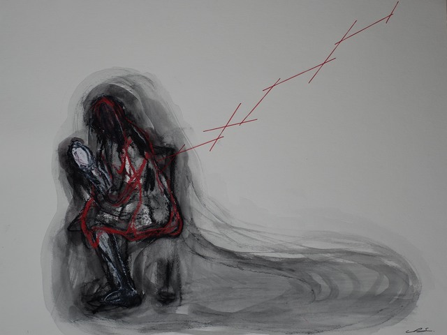 Chiharu Shiota, ‘Mirror’, 2018, Drawing, Collage or other Work on Paper, Watercolor, oil pastel and thread on paper, Mimmo Scognamiglio / Placido