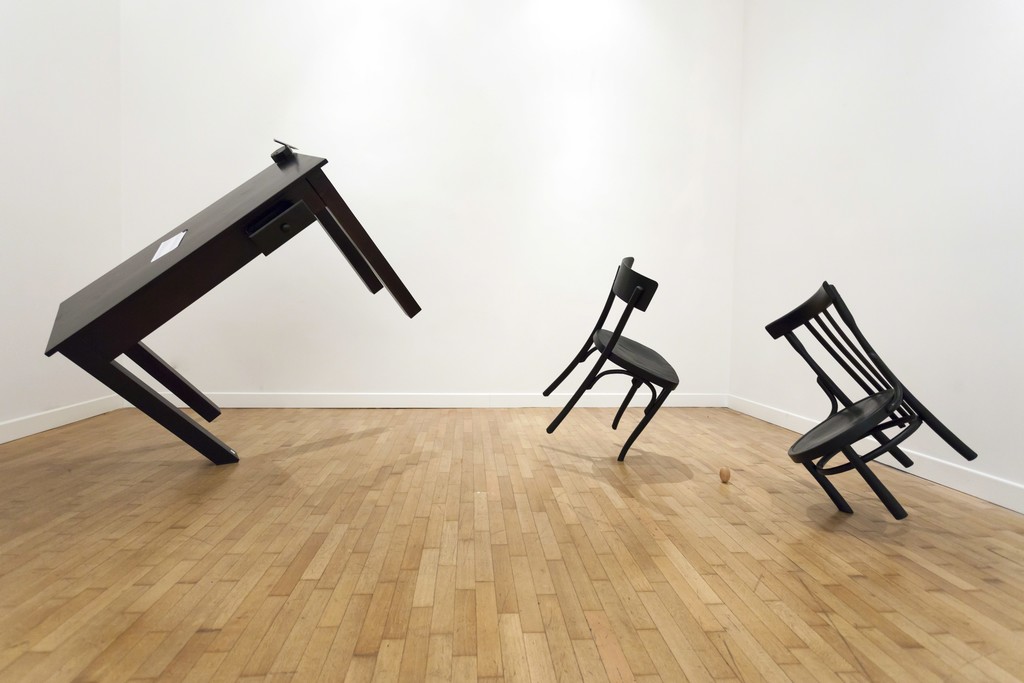 "The Pen is on the Table", 2017 wood, iron, steel, brass, magnet, paper, ink, paints, forces: gravity, magnetism, variable dimensions "Confidence", 2018 wood, iron, teflon, paints, forces: gravity, variable dimensions "The Pen is on the Table", 2017 wood, iron, steel, brass, magnet, paper, ink, paints, forces: gravity, magnetism, variable dimensions "Confidence", 2018 wood, iron, teflon, paints, forces: gravity, variable dimensions
