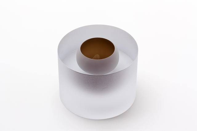 Tora Urup, ‘Cylinder with Floating Zyan Grey Bowl’, 2014, Blown and cut matbrushed glass with cloured underlay, Galerie Maria Wettergren