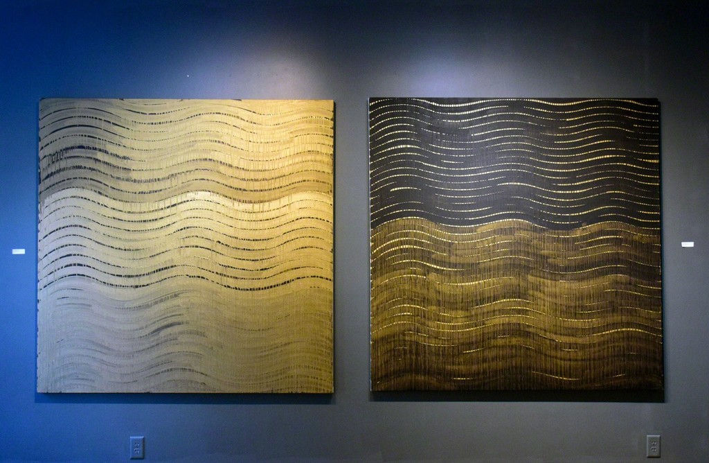 Sabine Friesick, "Gold Wave" and "Black Wave," acrylic on canvas, 54"x54" each Sabine Friesick, "Gold Wave" and "Black Wave," acrylic on canvas, 54"x54" each