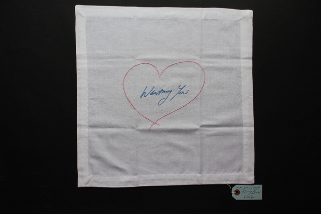 Tracey Emin, ‘Wanting You (Pink/ Blue) Napkin’, 2015, Textile Arts, Embroidered cotton napkin with hand-signed dated swing tag, Lougher Contemporary Gallery Auction