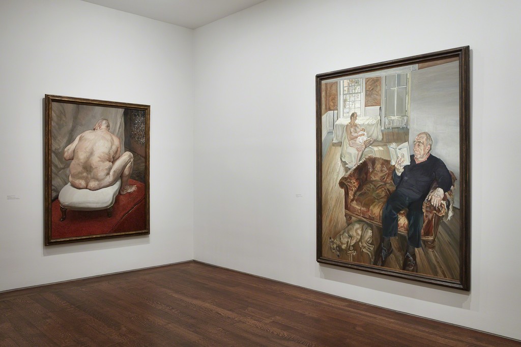 Left to right:
Naked Man, Back View, 1991-92
Oil on canvas
72 x 54 inches
The Metropolitan Museum of Art, New York; Purchase, Lila Acheson Wallace Gift, 1993 (1993.71)
© The Lucian Freud Archive / Bridgeman Images
Large Interior, Notting Hill, 1998
Oil on canvas
84 ¾ x 66 ½ inches
Private Collection
Photo by Kent Pell. Art © The Lucian Freud Archive / Bridgeman Images. Left to right:
Naked Man, Back View, 1991-92
Oil on canvas
72 x 54 inches
The Metropolitan Museum of Art, New York; Purchase, Lila Acheson Wallace Gift, 1993 (1993.71)
© The Lucian Freud Archive / Bridgeman Images
Large Interior, Notting Hill, 1998
Oil on canvas
84 ¾ x 66 ½ inches
Private Collection
Photo by Kent Pell. Art © The Lucian Freud Archive / Bridgeman Images.