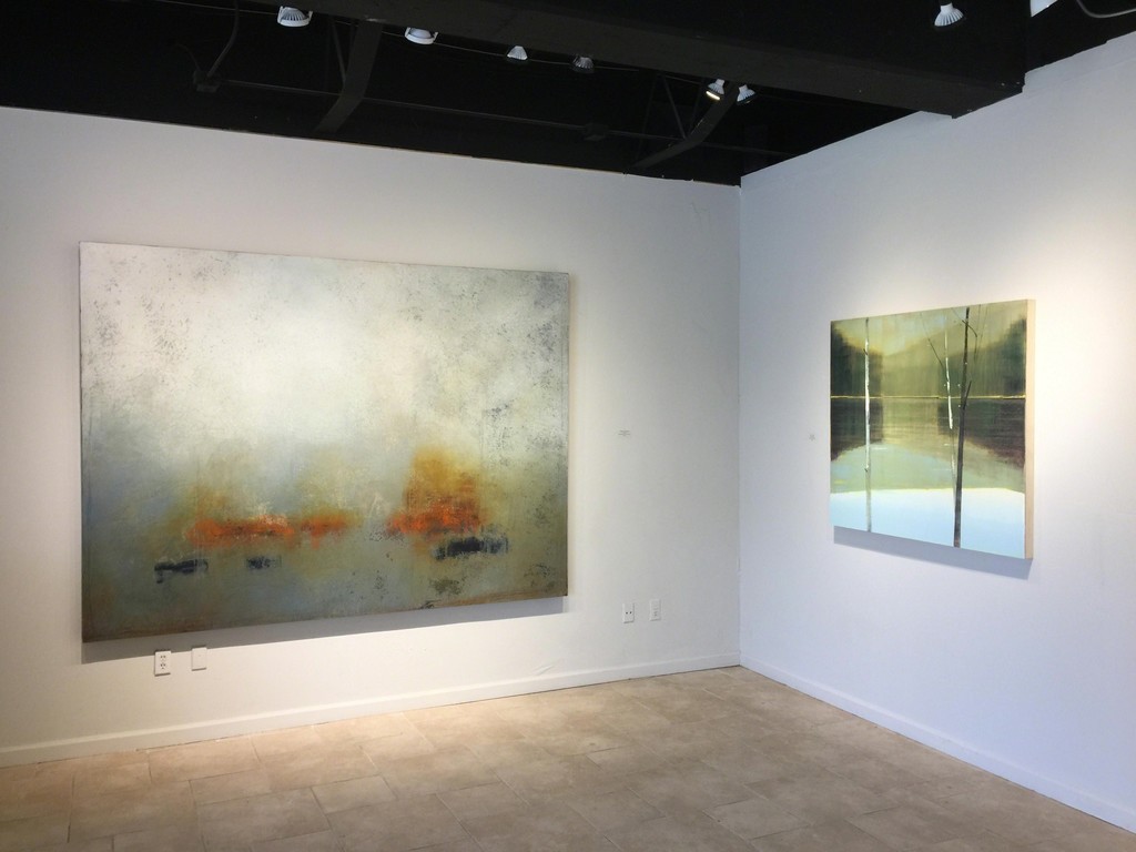 Signs of Spring exhibition: Scott Upton (L), balance of Warm and Cool, mixed media on canvas, 72 x 96 inches; Stephen Pentak (R), Landscape 2016.XI.II, oil on panel, 43 x 48 inches Signs of Spring exhibition: Scott Upton (L), balance of Warm and Cool, mixed media on canvas, 72 x 96 inches; Stephen Pentak (R), Landscape 2016.XI.II, oil on panel, 43 x 48 inches