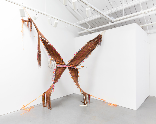 Kira Dominguez Hultgren, ‘Made in Mexico; XicanX and the Second(hand)-Generation’, 2020, Textile Arts, Handspun wool and other novelty yarns, used denim (made in Mexico), silk (made in India), gas and cotton pipelines, found bars and wire – stranded and single, straps., Eleanor Harwood Gallery