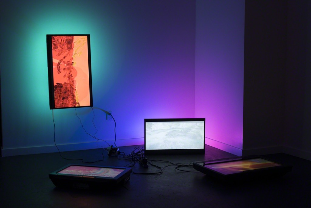 Paula Morales, "Poli Softness," 2017, 4-channel installation on 4 assorted flat screen tvs, LED cable, and LED bulbs, Dimensions variable
Paula Morales, "Poli Softness," 2017, 4-channel installation on 4 assorted flat screen tvs, LED cable, and LED bulbs, Dimensions variable
