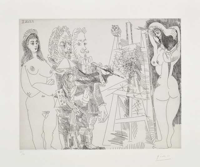 Pablo Picasso, ‘L'Atelier, avec un hibou et un envoyé officiel (The Studio, With an Owl and an Official Envoy), plate 65 from the 347 Series’, 1968, Print, Etching, on Rives paper, with full margins., Phillips