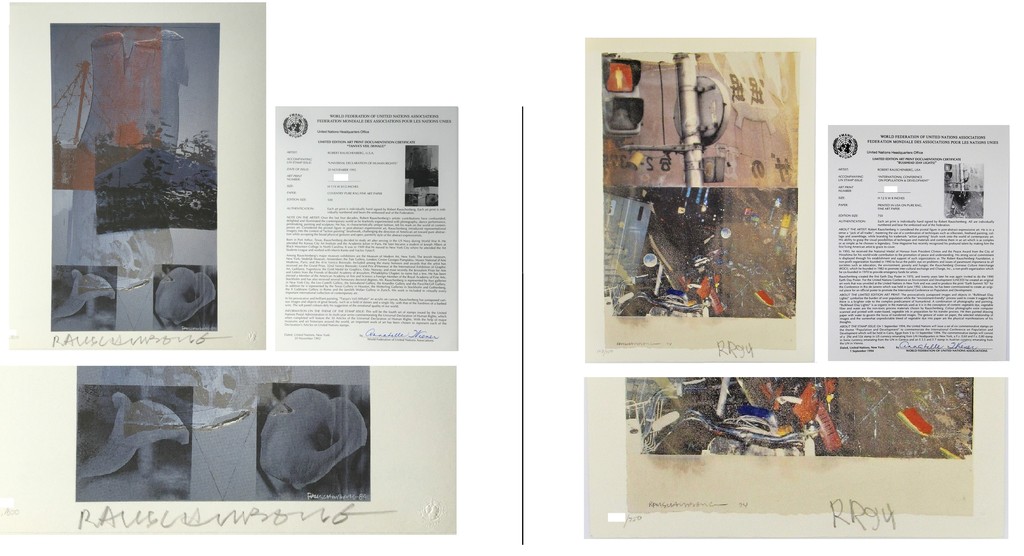 Robert Rauschenberg, ‘2-PIECE SET- "Bulkhead" & "Tanya's Veil", 1993/94, SIGNED Editions, WFUNA, w/ United Nations COA ’, 1992, VINCE fine arts/ephemera
