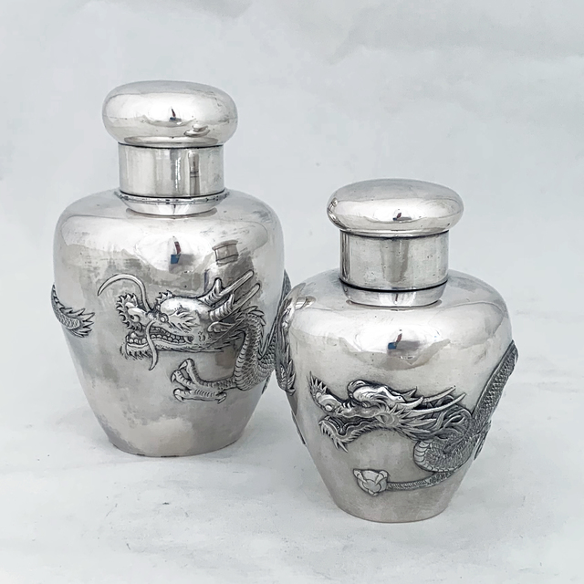 wang hing, ‘Two Chinese Export silver caddies with repouse dragon details’, Other, Sterling silver, Esmé Parish Silver