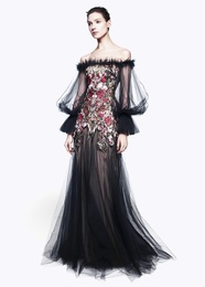OFF THE SHOULDER FLORAL EMBROIDERED GOWN