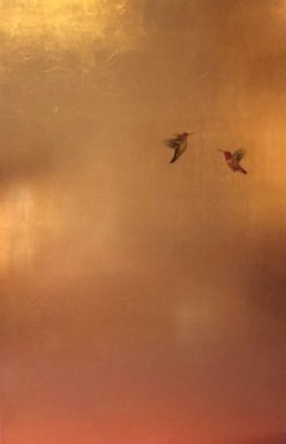 Carolyn Reynolds, ‘Hummingbirds in Golden Rose ’, 2018, Painting, Gold Leaf and Oil Paint, Dawson Cole Fine Art