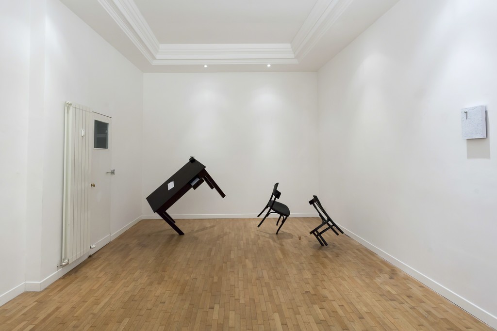 "The Pen is on the Table", 2017
wood, iron, steel, brass, magnet, paper, ink,
paints, forces: gravity, magnetism, variable dimensions
"Confidence", 2018
wood, iron, teflon, paints, forces: gravity,
variable dimensions "The Pen is on the Table", 2017
wood, iron, steel, brass, magnet, paper, ink,
paints, forces: gravity, magnetism, variable dimensions
"Confidence", 2018
wood, iron, teflon, paints, forces: gravity,
variable dimensions