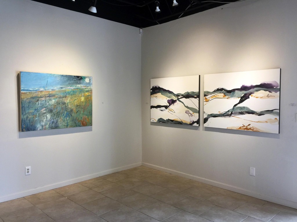 Signs of Spring exhibition, (L) Cathryn Miles, Seagrass 1, oil on linen, 36 x 48 inches; (R) Chris Dolan, Imaginary Landscape 2, & 3, mixed media on canvas, 36 x 48 inches, each Signs of Spring exhibition, (L) Cathryn Miles, Seagrass 1, oil on linen, 36 x 48 inches; (R) Chris Dolan, Imaginary Landscape 2, & 3, mixed media on canvas, 36 x 48 inches, each