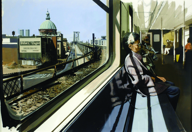 Richard Estes, ‘M Train on Route to Manhattan Approaches the Williamsburg Bridge’, 1995, Louis K. Meisel Gallery