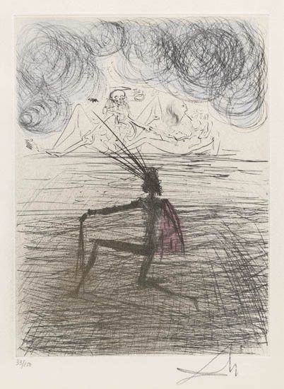 Salvador Dalí, ‘Kneeling Knight’, 1968, Print, Original drypoint etching printed in black ink on cream paper. With hand-coloring added in gouache, Galerie d'Orsay