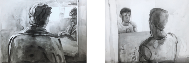 Tyler Bright Hilton, ‘She Climbed the Narrow Winding Stairs which Led to a Little Door (Diptych)’, 2018, Drawing, Collage or other Work on Paper, Watercolour and gouache on terraskin, VIVIANEART