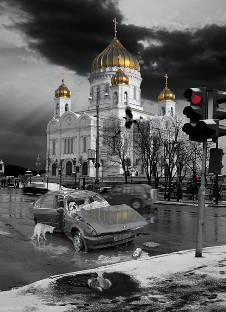 Oleg Kulik, ‘At the Church’, 1999, Photography, Lightjet print on aluminium and plexiglass, digital print in hand-made frame made with Russian soldiers’ uniform cloth, Giampaolo Abbondio