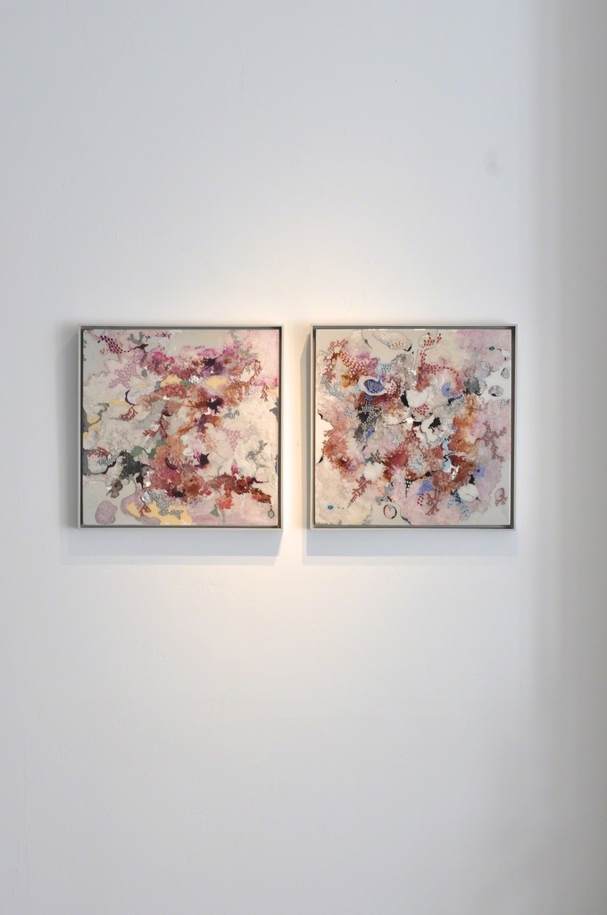 "Random Exuberance #1 & #3" oil paint, acrylic paint, silver leaf, pigment powder and resin on wood panel, 2017, 24x24" "Random Exuberance #1 & #3" oil paint, acrylic paint, silver leaf, pigment powder and resin on wood panel, 2017, 24x24"