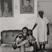 Portrait of Joan with her pugs and Lilian