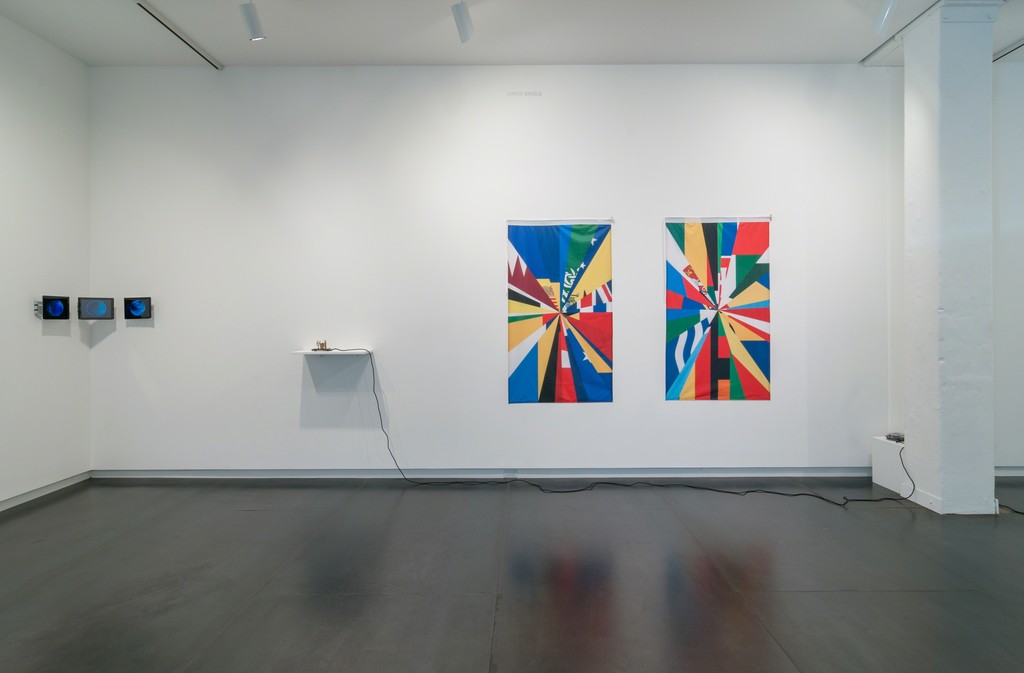 Left to right: triptych by Zach Blas; installation by Brian House; flags by James Bridle Left to right: triptych by Zach Blas; installation by Brian House; flags by James Bridle