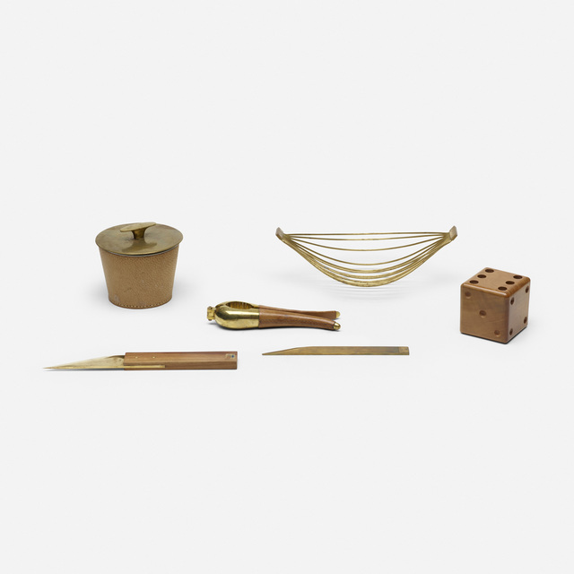 Carl Aubock II, ‘collection of tabletop accessories’, Design/Decorative Art, Brass, leather, mahogany, Rago/Wright