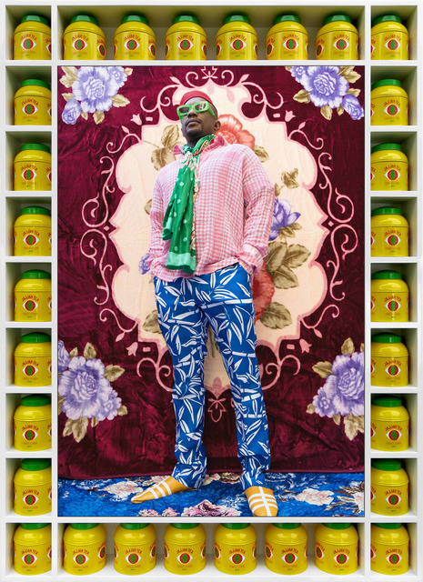 Hassan Hajjaj, ‘Hank Willis Thomas’, 2018/1440, Mixed Media, Metallic Lambda on 3mm Dibond in a Poplar Sprayed-White Frame with Yellow Jajjah Ginger Tea Tins with Green Top, Yossi Milo Gallery
