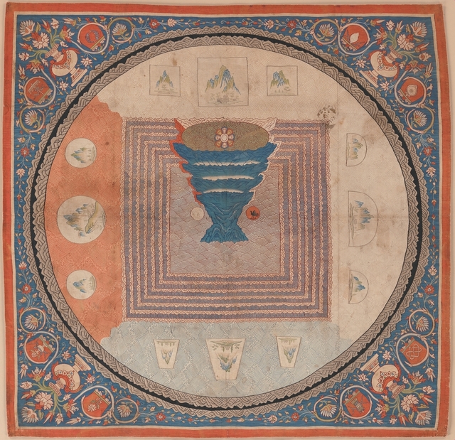 Unknown Chinese, ‘Cosmological Mandala with Mount Meru (元 緙絲 須彌山曼陀羅)’, 14th century, The Metropolitan Museum of Art