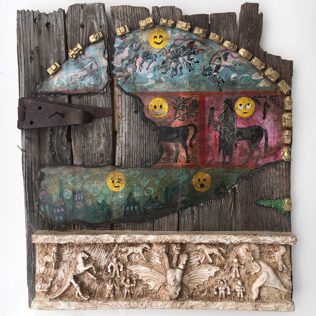 Joshua Goode Painting Relief Sculpture On Old Barn Door The
