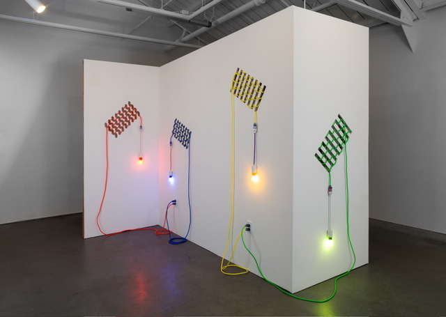 Dana Hemenway, ‘Untitled (Drywall Weave) ’, 2016, Sculpture, Laser cut drywall, wood, extension cords, custom fixtures, colored compact fluorescent light bulbs, Eleanor Harwood Gallery