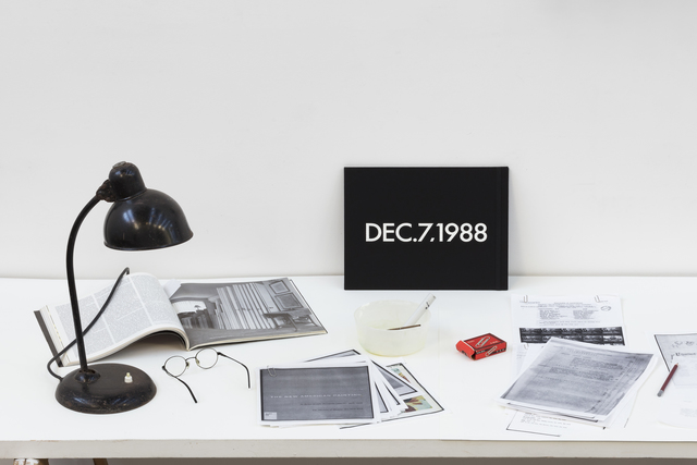 Fernanda Fragateiro, ‘DEC. 7, 1988’, 2019, Sculpture, Manufactured foldcase with acrylic painting over fabric cover, and printed copies of: Letter sent by Charles Eames from Moscow to his Daughter (1959); Typewritten copy of Russian human rights periodical A Chronicle of Current Events; Memorandum of Conversation from USA's Department of State The President's Private Meeting with Gorbachev (Dec.7, 1988); press not for the exhibition The New American Painting. As shown in eight European countries 1958-1959 (MoMA, New York 1959); Abstract Expressionism, Weapon of the Cold War (Eva Cockcroft, in Pollock and After. The Critical Debate, Francis Frascina (ed.), Routledge, 2000); contact sheet from the lunch meeting between Reagan and Gorbachev at the White House (by Bill Fitzpatrick, 1988), Josée Bienvenu