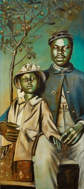 Charlotta Janssen, ‘Buffalo Soldier Madonna With Child And Olive Tree’, 2016, Drawing, Collage or other Work on Paper, Iron Oxide, Acrylic, Collage & Oil Varnish, RJD Gallery
