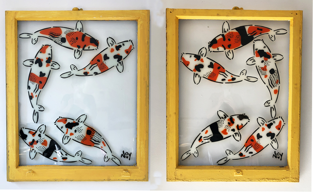 Jeremy Novy, ‘"5 Koi - Diptych" Spray paint on yellow window wood frame’, 2021, Painting, Spray paint on glass, Wallspace
