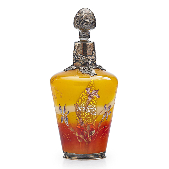 Galle, ‘Early Bottle With Irises And Decorated Overlay And Stopper, France’, Late 19th C., Design/Decorative Art, Acid-Etched And Enameled Internally Decorated Glass, Foil Inclusions, Silver, Rago/Wright