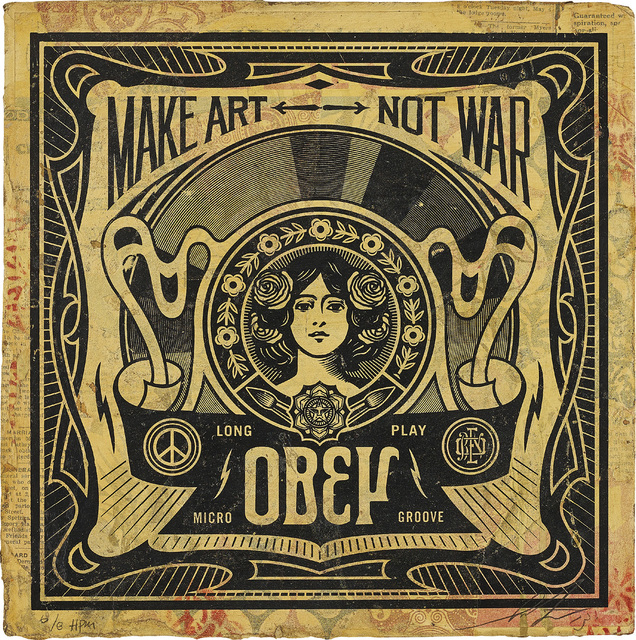 Shepard Fairey, ‘Make Art Not War’, 2013, Drawing, Collage or other Work on Paper, Mixed media collage on vintage album cover, Phillips
