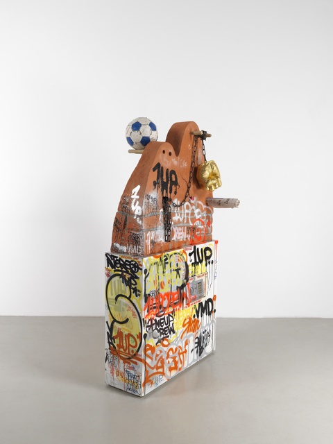 John Isaacs, ‘No Daddy No’, 2018, Sculpture, Terracotta, wood, steel, spray paint, 24 carat gold leaf, plastic, Aeroplastics