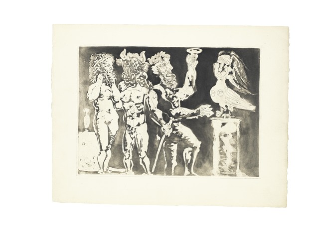 Pablo Picasso, ‘Chez la Pythie-Harpye. Homme au Masque de Minotaure et Femme au Masque de Sculpteur (S.V. 24)’, 1934, Print, Aquatint and etching, John Szoke