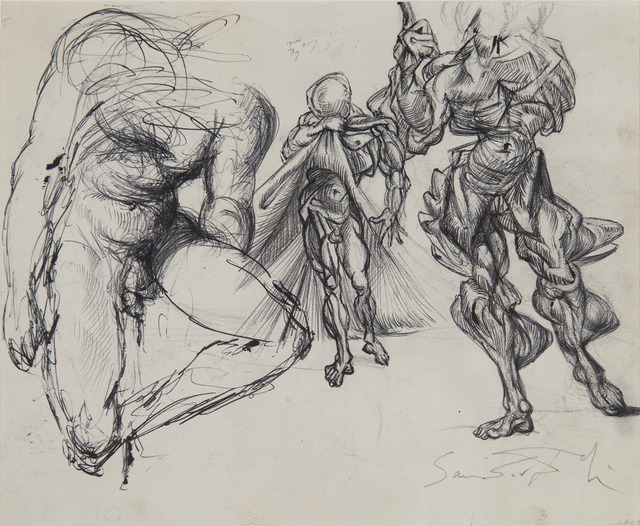 Salvador Dalí, ‘Étude de figures masculines, trois érotiques et étude pour le tableau : Vitesse maximale de la vierge de Raphaël’, ca. 1952-1954, Drawing, Collage or other Work on Paper, Ballpoint pen on sketchbook page, HELENE BAILLY GALLERY