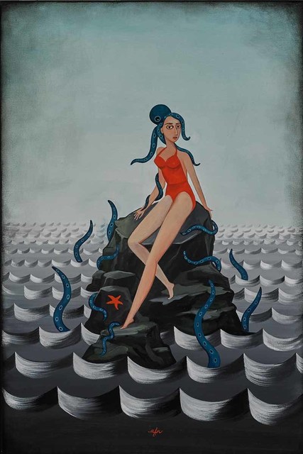 Anne Faith Nicholls, ‘Girl with Octopus on Rocks’, 2015, Painting, Acrylic and charcoal on canvas, Martin Lawrence Galleries