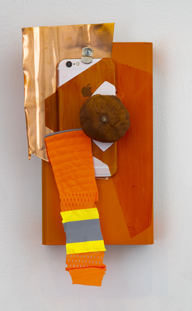 Jessica Stockholder, ‘Infrared’, 2018, Sculpture, Hard drive case, copper foil, dried clementine, fabric, hardware, glue, iPhone, oil paint, Mitchell-Innes & Nash