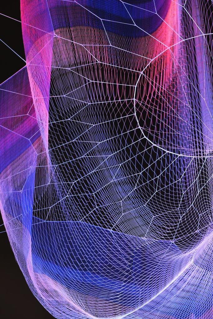 Janet Echelman, 1.8 Renwick, 2015, knotted and braided fiber with programmable lighting and wind movement above printed textile flooring, Smithsonian American Art Museum, photo by Ema Peter Janet Echelman, 1.8 Renwick, 2015, knotted and braided fiber with programmable lighting and wind movement above printed textile flooring, Smithsonian American Art Museum, photo by Ema Peter