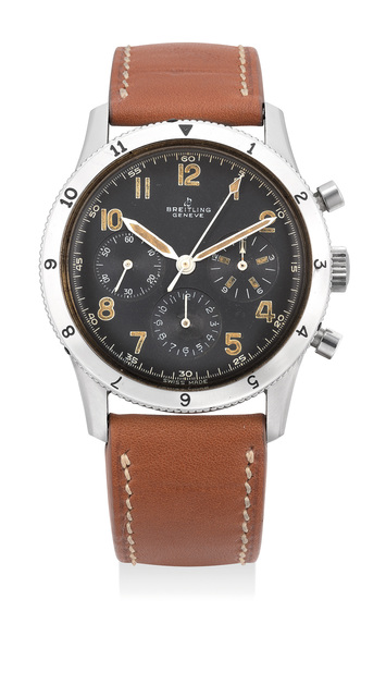 Breitling, ‘A fine and rare stainless steel chronograph wristwatch with luminous black dial and revolving bezel’, 1961, Phillips