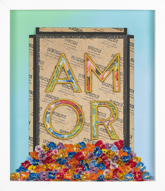 Stephen Wilson, ‘AMOR Overflowing’, 2018, Textile Arts, Direct embroidery on limited-edition Gucci box with lace flower and Gucci-scarf typography appliqué and spray paint, Roman Fine Art