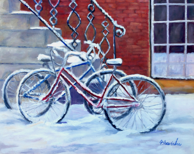 Bhavisha Patel, ‘Bicycles in Snow V’, 2017, Painting, Oil on canvas, InLiquid