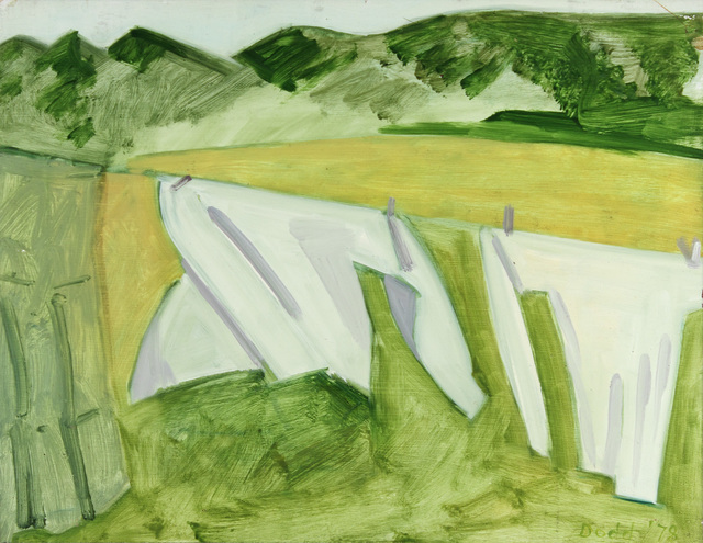Lois Dodd, ‘Two White Sheets and Green Skirt at Left’, 1978, Painting, Oil on Masonite, Alexandre Gallery