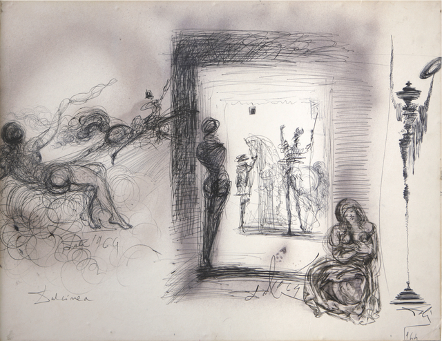 Salvador Dalí, ‘Don Chisciotte, Evocazione di Dulcinea... rinunzio ai miei diritti di gentiluomo’, 1964, Drawing, Collage or other Work on Paper, Black ball-point pen, brush and gray wash and aerography on card laid down on masonite, Opera Gallery