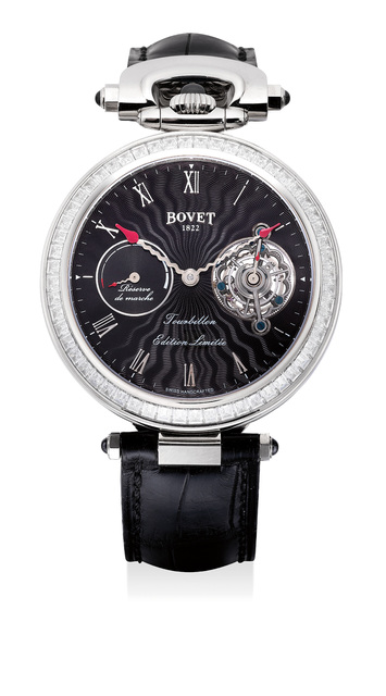 Bovet, ‘An impressive and very rare limited edition white gold and diamond-set 7-day tourbillon convertible wristwatch with power reserve, white gold watch chain, certificate of origin and presentation box, numbered 1 of a limited edition of 10 pieces’, Circa 2012, Phillips