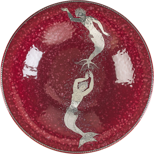 Wilhelm Kåge, ‘Large red Argenta charger with two mermaids, Sweden’, 1941, Design/Decorative Art, Glazed stoneware, silver inlay, Rago/Wright