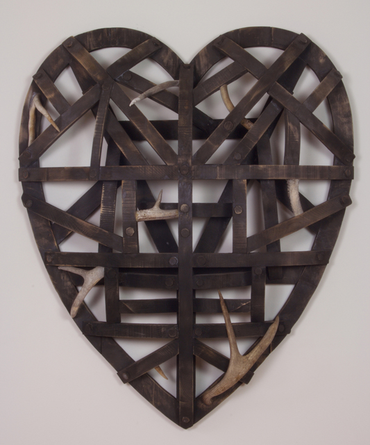 Joe Brubaker, ‘Black Heart’, 2017, Sculpture, Yellow cedar, found objects, milk paint, deer antlers, Seager Gray Gallery