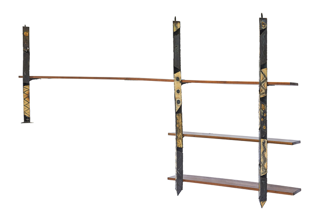 Paul Evans (1931-1987), ‘Shelving unit, New Hope, PA’, early 1960s, Design/Decorative Art, Torch-cut, welded, bronzed, and enameled steel, walnut, Rago/Wright