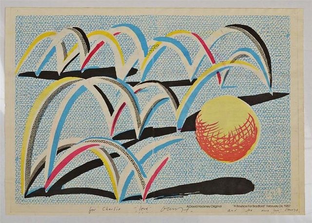 David Hockney, ‘A Bounce for Bradford (Signed Twice and Dedicated (with "LOVE") by Hockney to dealer Charles Cowles and dedicated by hand "and more love" to Joe’, 1987, Print, Home-made print in colors on news print executed on an office copy machine (hand signed in pencil and further inscribed "and more love" to Joe) bears original label with inventory number from Charles Cowles gallery, Alpha 137 Gallery Gallery Auction